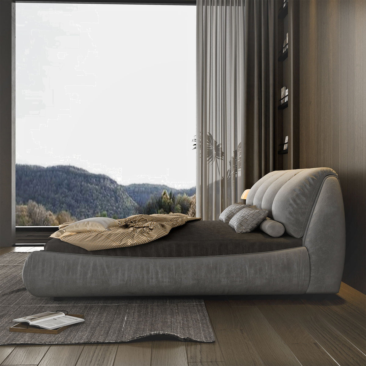 Gray upholstered bed with oversized padded backrest and solid wood frame by HouseOfZazla on Tampa Home & Garden Store