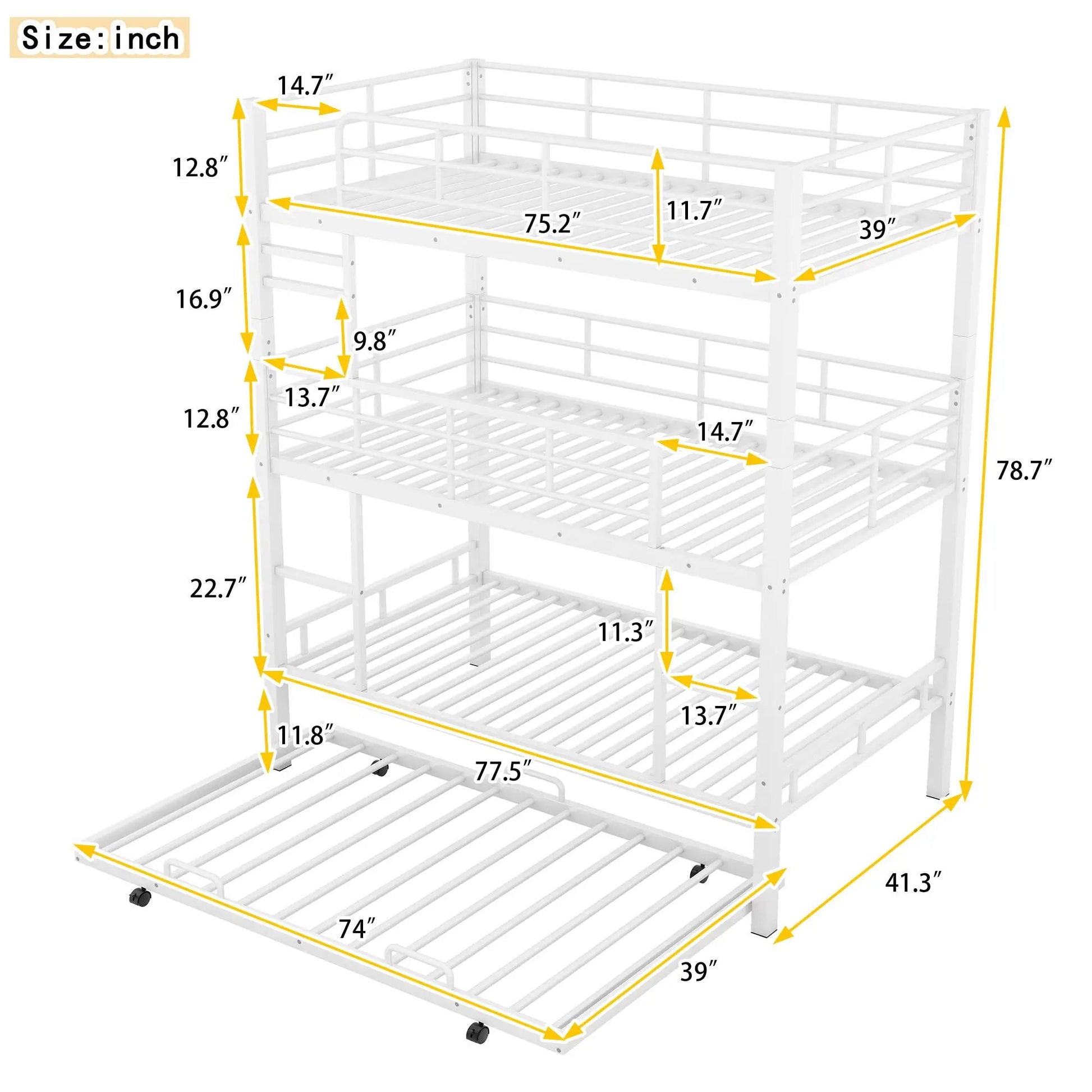 Triple bunk bed with trundle in white heavy-duty steel construction, 3 sleeping surfaces on Tampa Home & Garden Store
