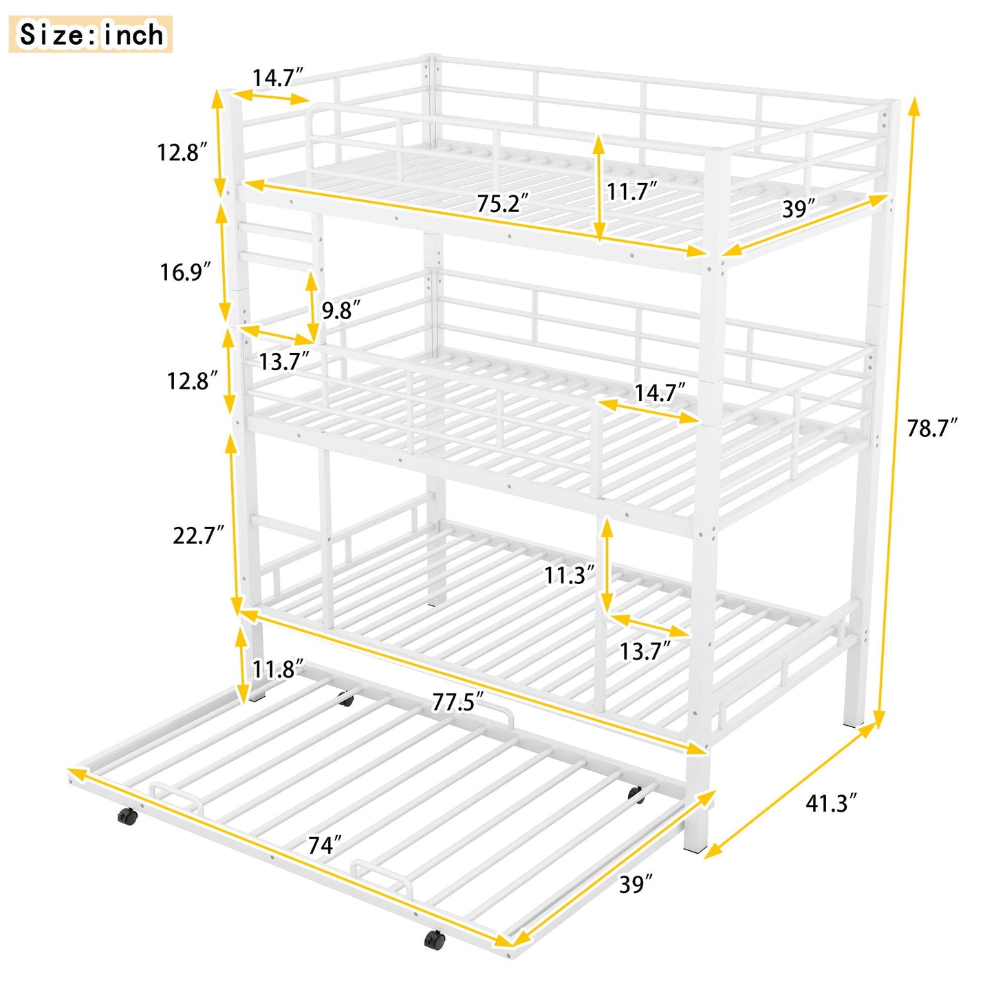 Triple bunk bed with trundle in white, heavy-duty steel construction by HouseOfZazla on Tampa Home & Garden Store