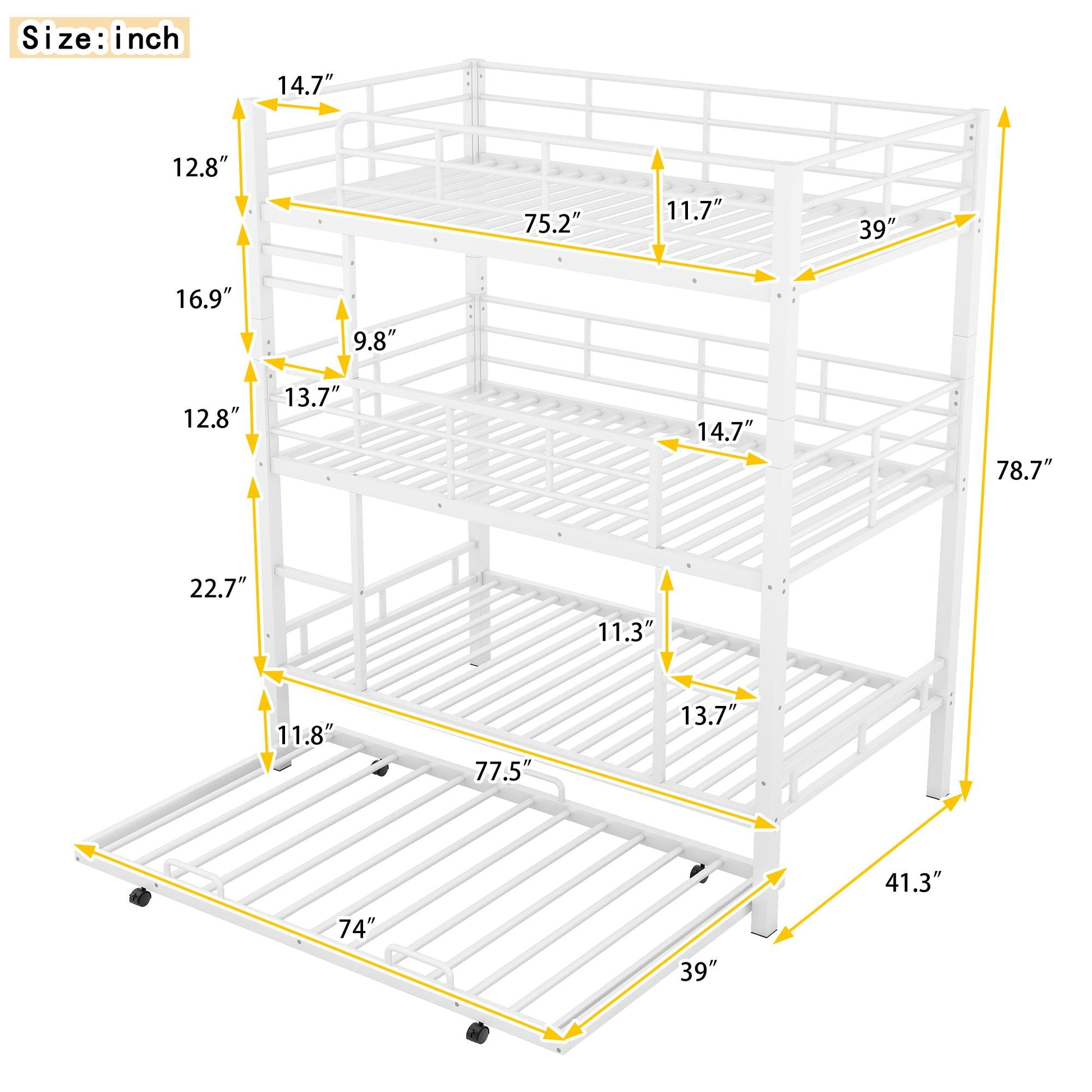 Triple bunk bed with trundle in white, heavy-duty steel construction by HouseOfZazla on Tampa Home & Garden Store