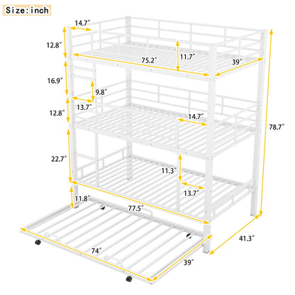 Triple bunk bed with trundle in white, heavy-duty steel construction by HouseOfZazla on Tampa Home & Garden Store