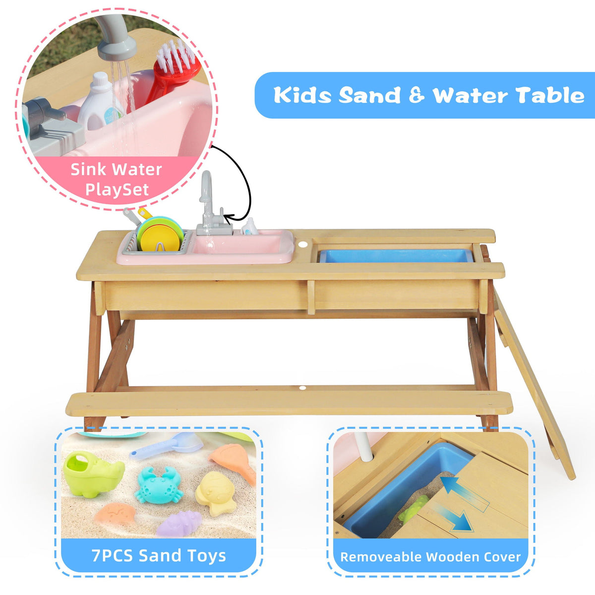 Kids Cedar Picnic Table with Sand & Water Play, pink sink, 7pcs sand toys, removable cover on Tampa Home & Garden Store