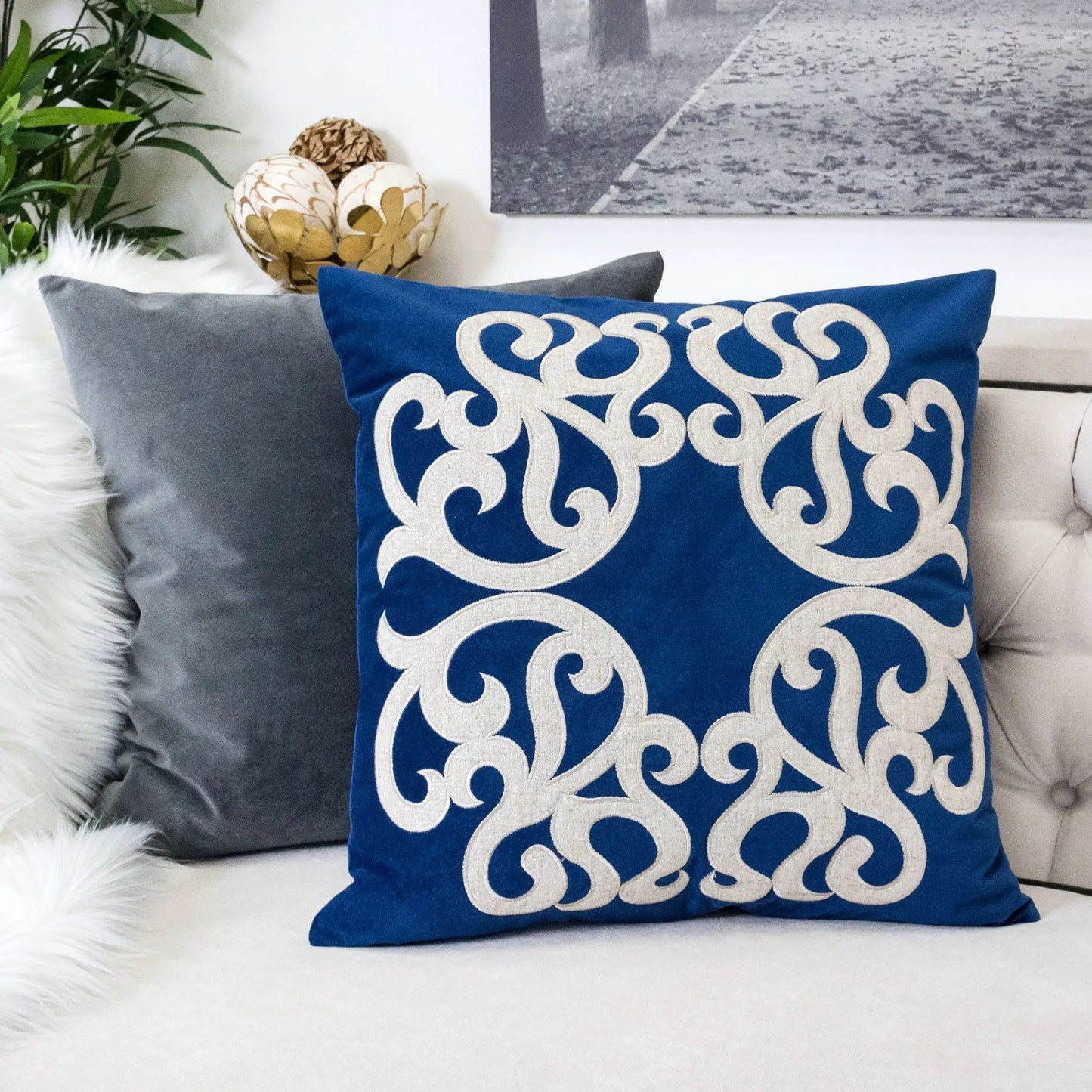 Dora Pillow Cover With Matching Back blue with white scroll motif accent pillow Unique Piece on Tampa Home & Garden Store