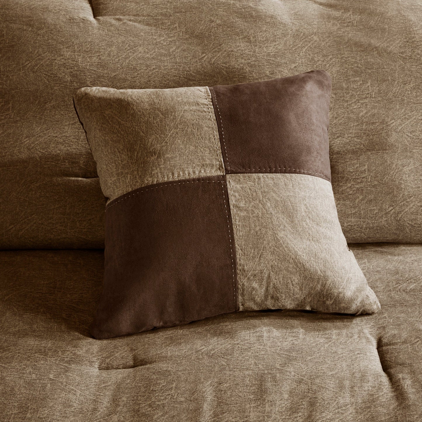 7-piece faux suede comforter set brown queen with patchwork pillow sham on brown surface on Tampa Home & Garden Store
