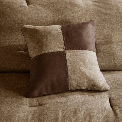 7-piece faux suede comforter set brown queen with patchwork pillow sham on brown surface on Tampa Home & Garden Store