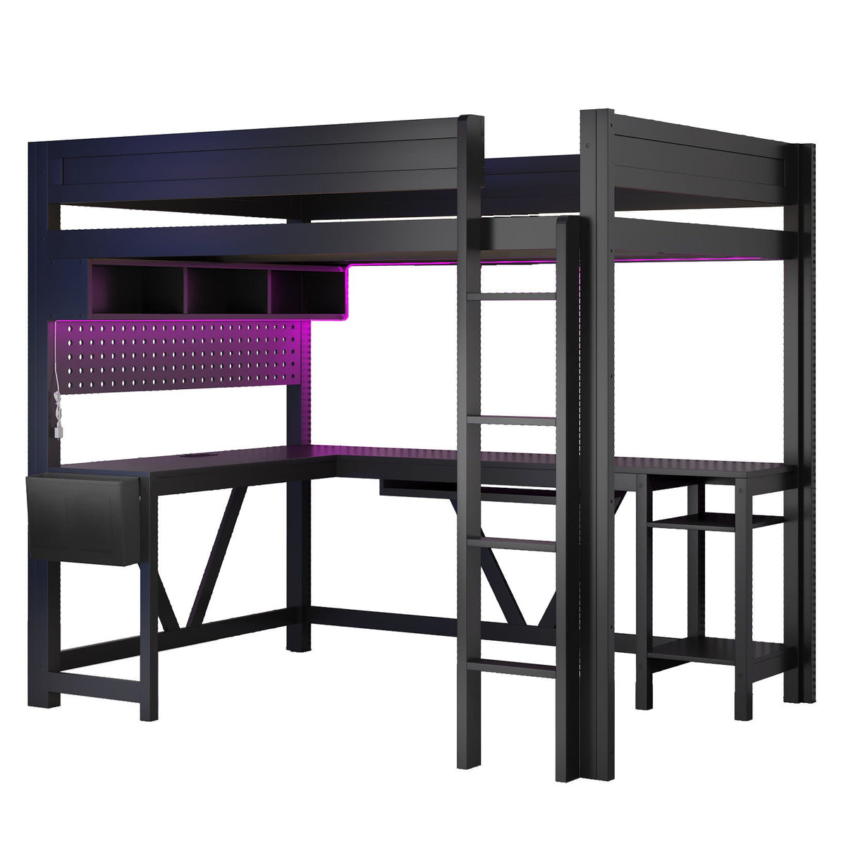 Gaming Loft Bed with Desk and storage shelves, black metal frame with purple LED accents on Tampa Home & Garden Store