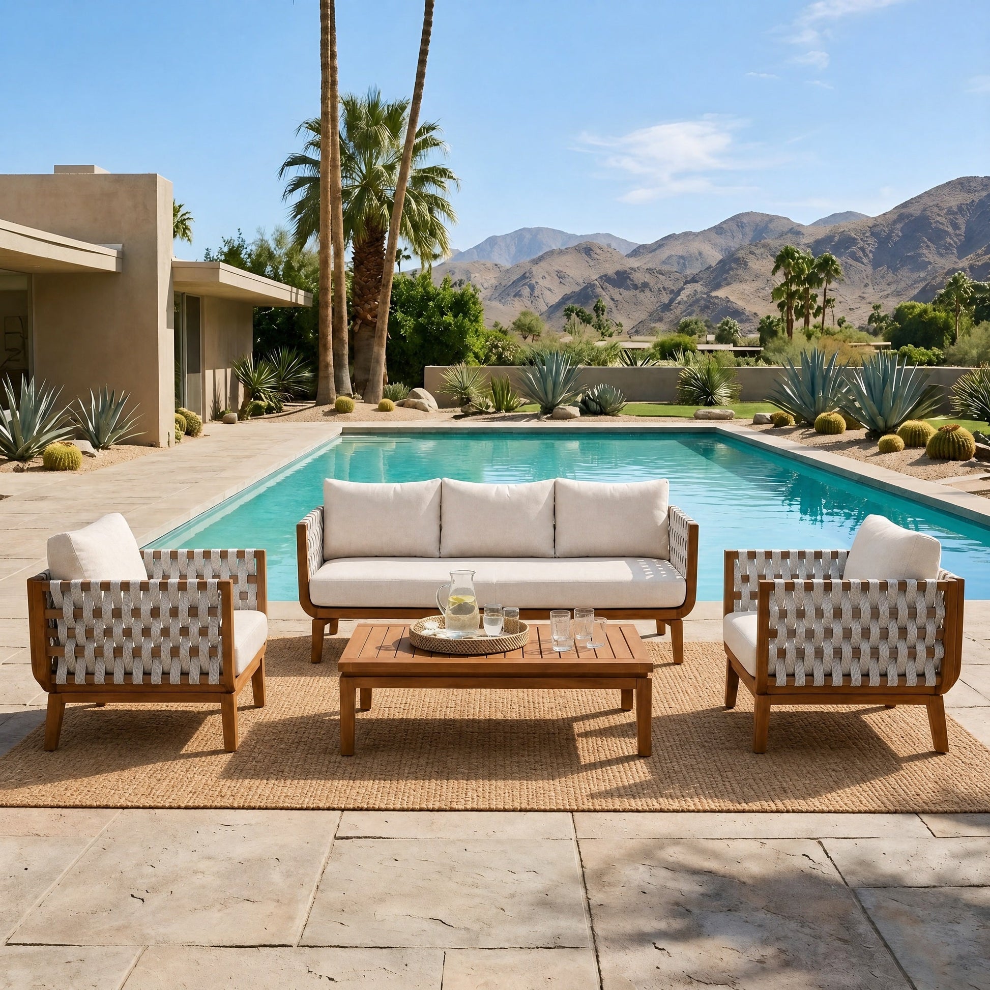4 Pcs Outdoor Patio Furniture Set beige cushions woven wicker by HouseOfZazla poolside on Tampa Home & Garden Store