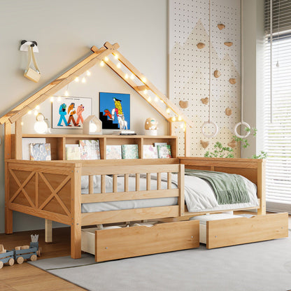 House Style Platform Bed in wood with LED lights, drawers and guardrail by HouseOfZazla on Tampa Home & Garden Store