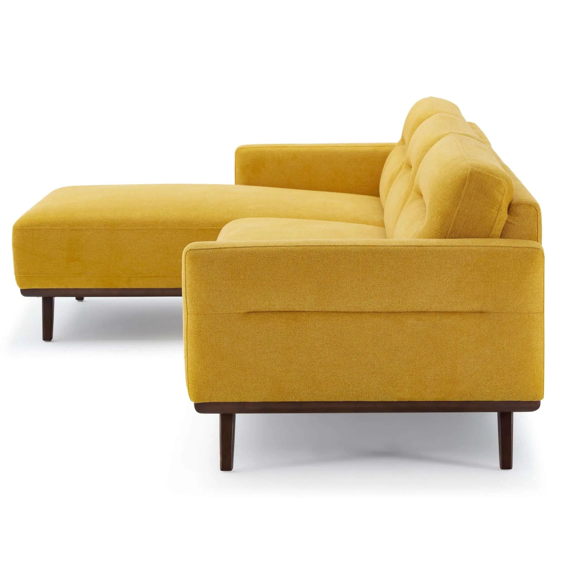 Ella L-Shaped Sectional Couch in mustard yellow fabric with dark wooden legs on Tampa Home & Garden Store