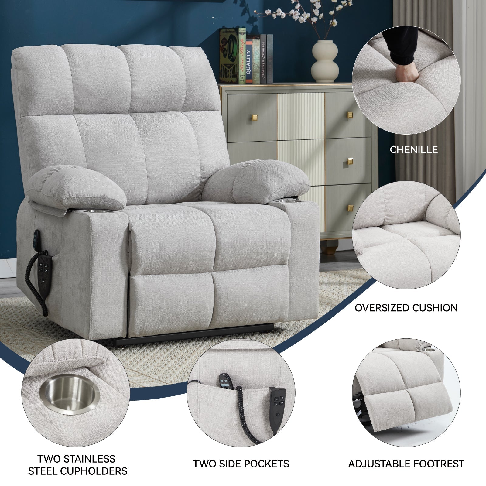 Beige HouseOfZazla dual motor lift recliner chair chenille fabric oversized cushions side pockets on Tampa Home & Garden Store