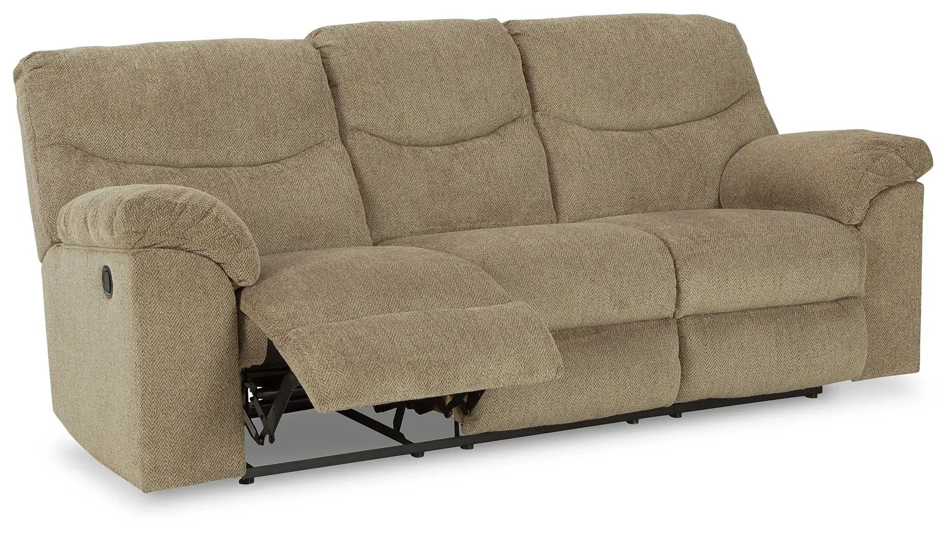 Alphons reclining sofa in tan fabric with three back cushions and reclining mechanism on Tampa Home & Garden Store