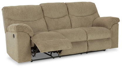 Alphons reclining sofa in tan fabric with three back cushions and reclining mechanism on Tampa Home & Garden Store
