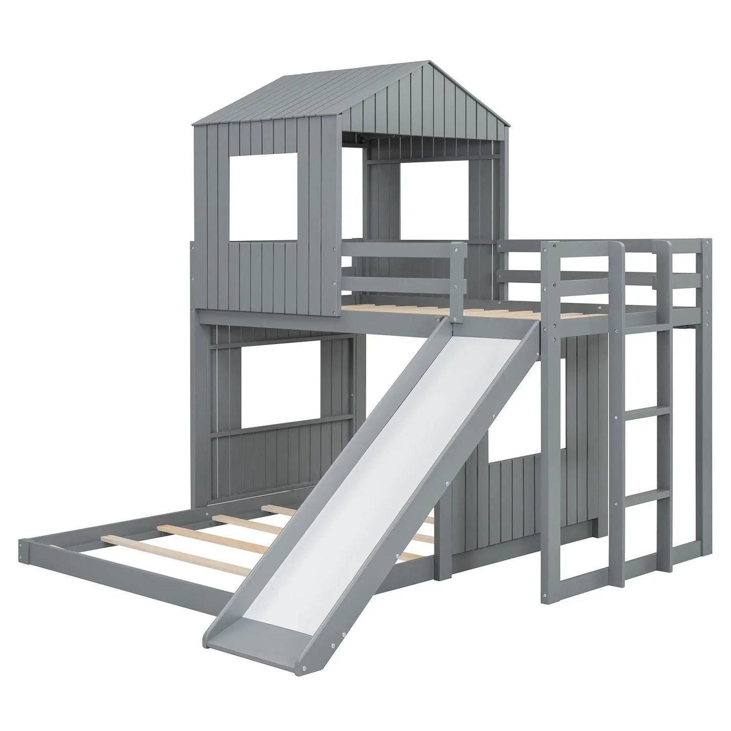 Loft bunk bed with playhouse in grey farmhouse style with ladder and slide on Tampa Home & Garden Store
