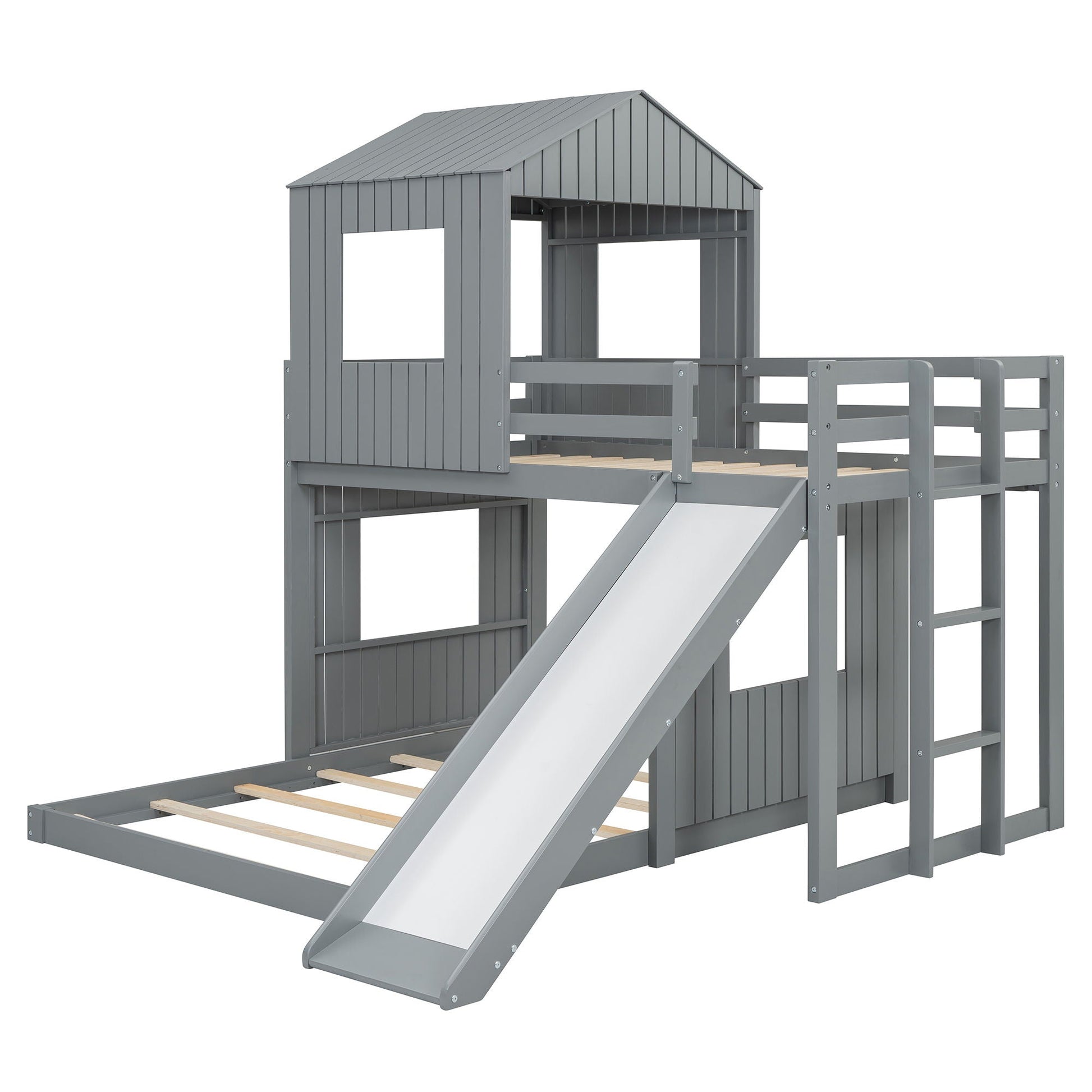 Loft bunk bed with playhouse in gray farmhouse style, includes ladder and guardrails and slide on Tampa Home & Garden Store
