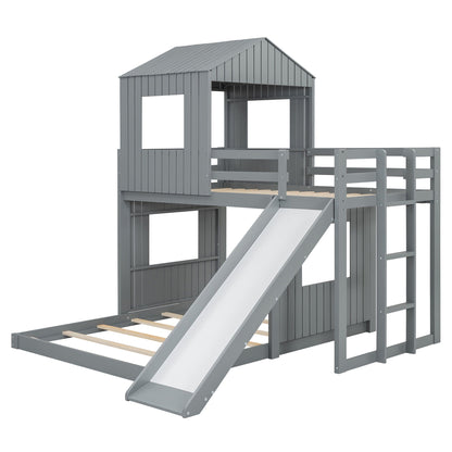 Loft bunk bed with playhouse in gray farmhouse style, includes ladder and guardrails and slide on Tampa Home & Garden Store