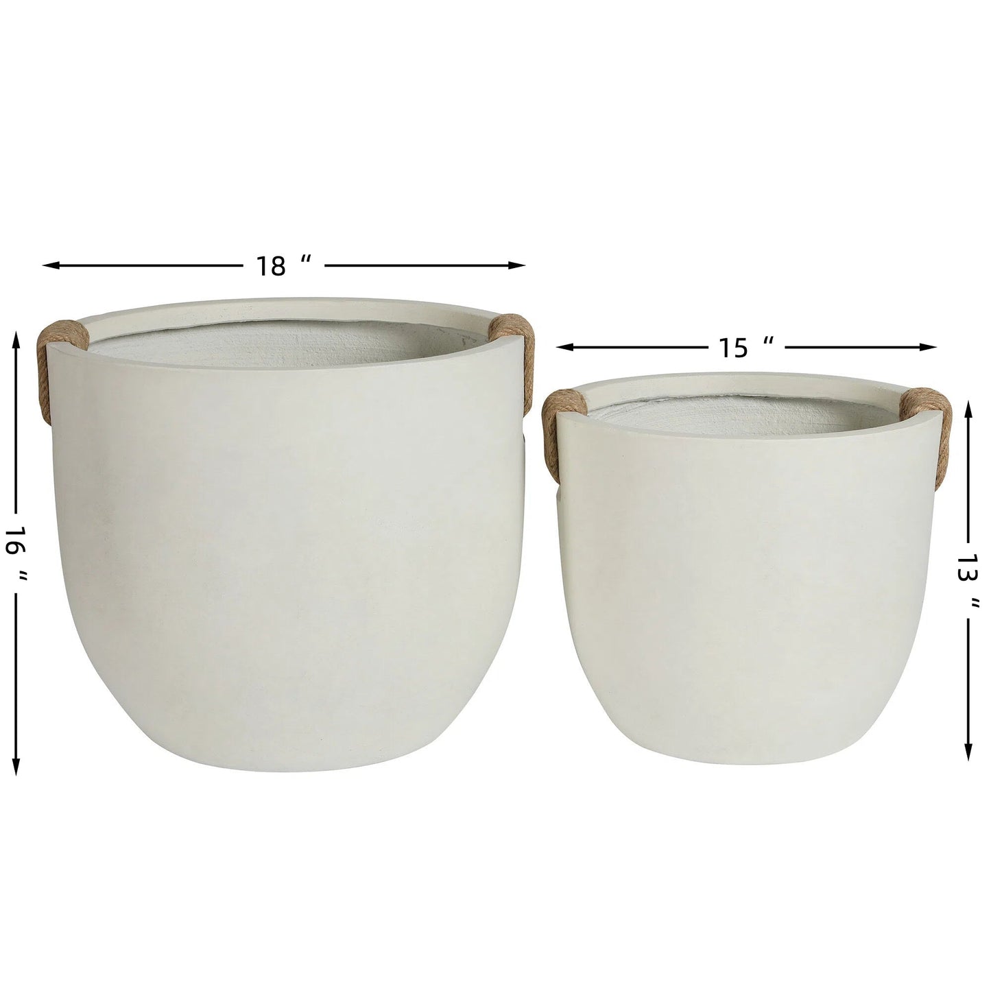 Round concrete planters set of 2, large off-white pots with natural rope handles on Tampa Home & Garden Store