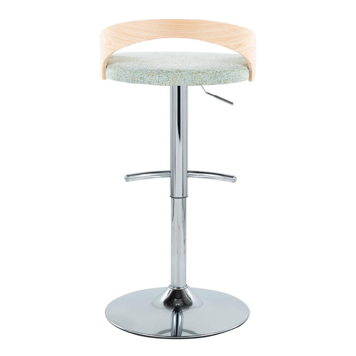 Contemporary adjustable barstool with curved wood backrest and upholstered seat on chrome base on Tampa Home & Garden Store