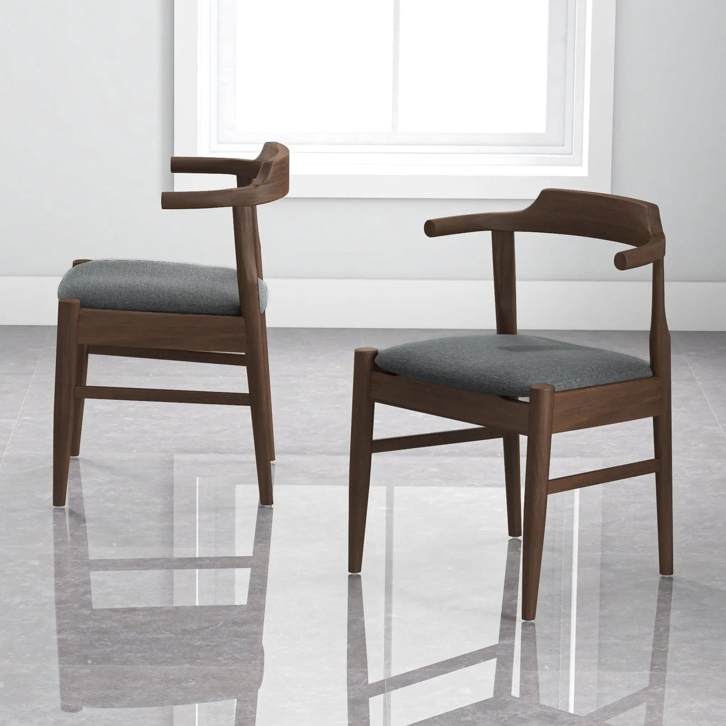 Leon mid-century dining chair set of 2 with walnut wood frames and gray upholstered seats on Tampa Home & Garden Store