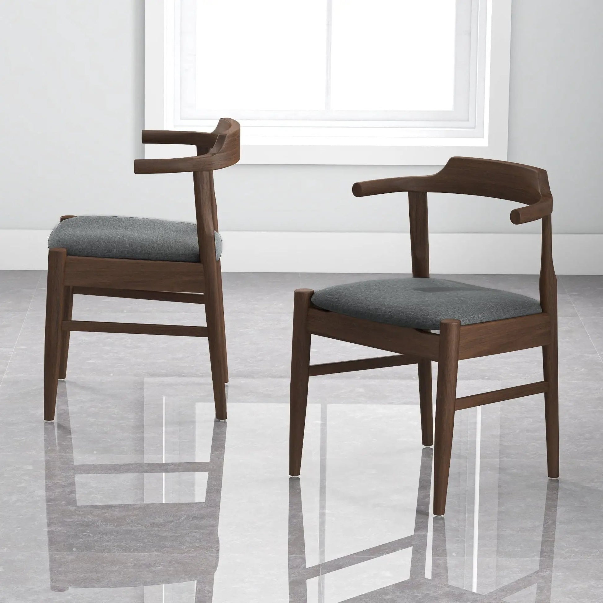 Leon mid-century dining chair set of 2 with walnut wood frames and gray upholstered seats on Tampa Home & Garden Store