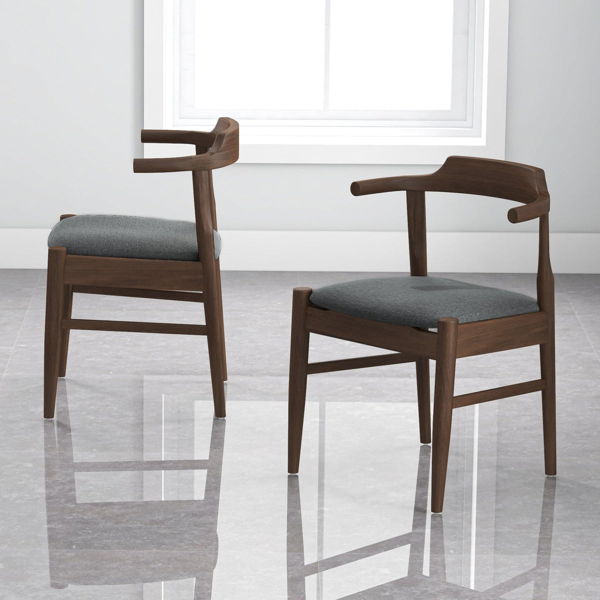 Set of 2 mid-century modern dining chairs with solid dark wood frames and gray cushions on Tampa Home & Garden Store