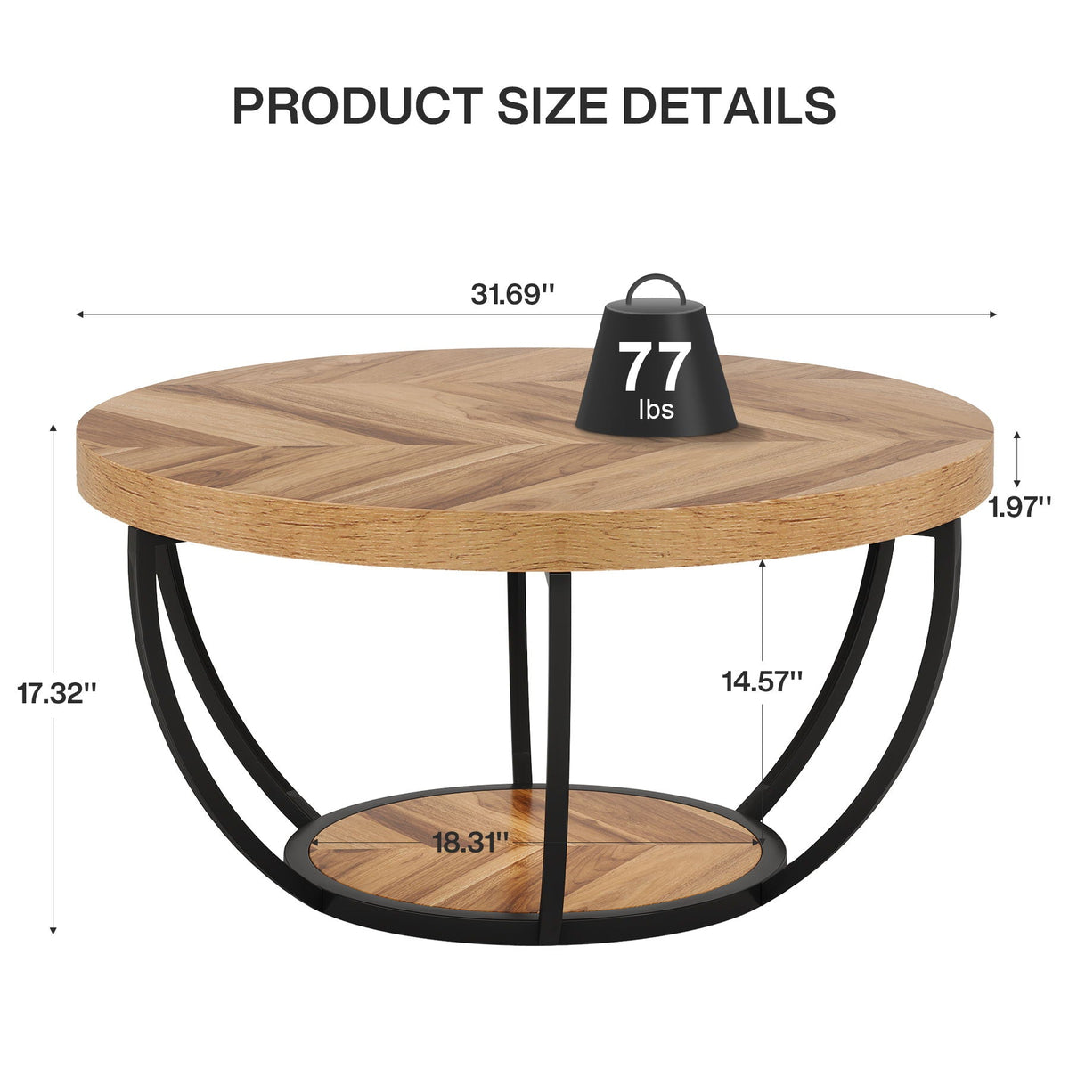 2 Tier Round Coffee Table with Storage Shelves in light brown wood and black metal frame on Tampa Home & Garden Store