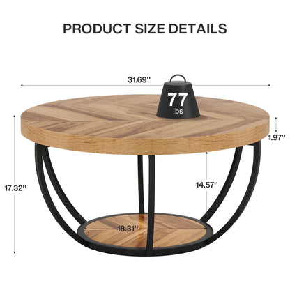 2 Tier Round Coffee Table with Storage Shelves in light brown wood and black metal frame on Tampa Home & Garden Store