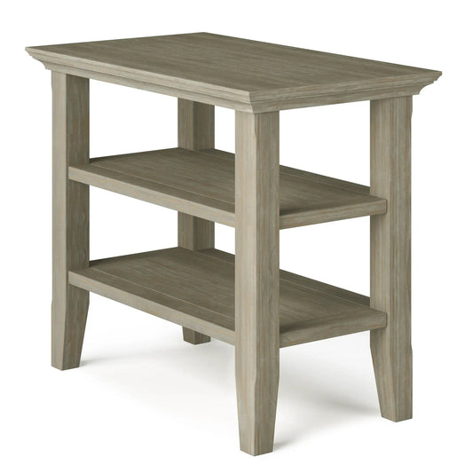 Acadian Narrow Side Table handcrafted in a light graywashed wood finish with three shelves on Tampa Home & Garden Store