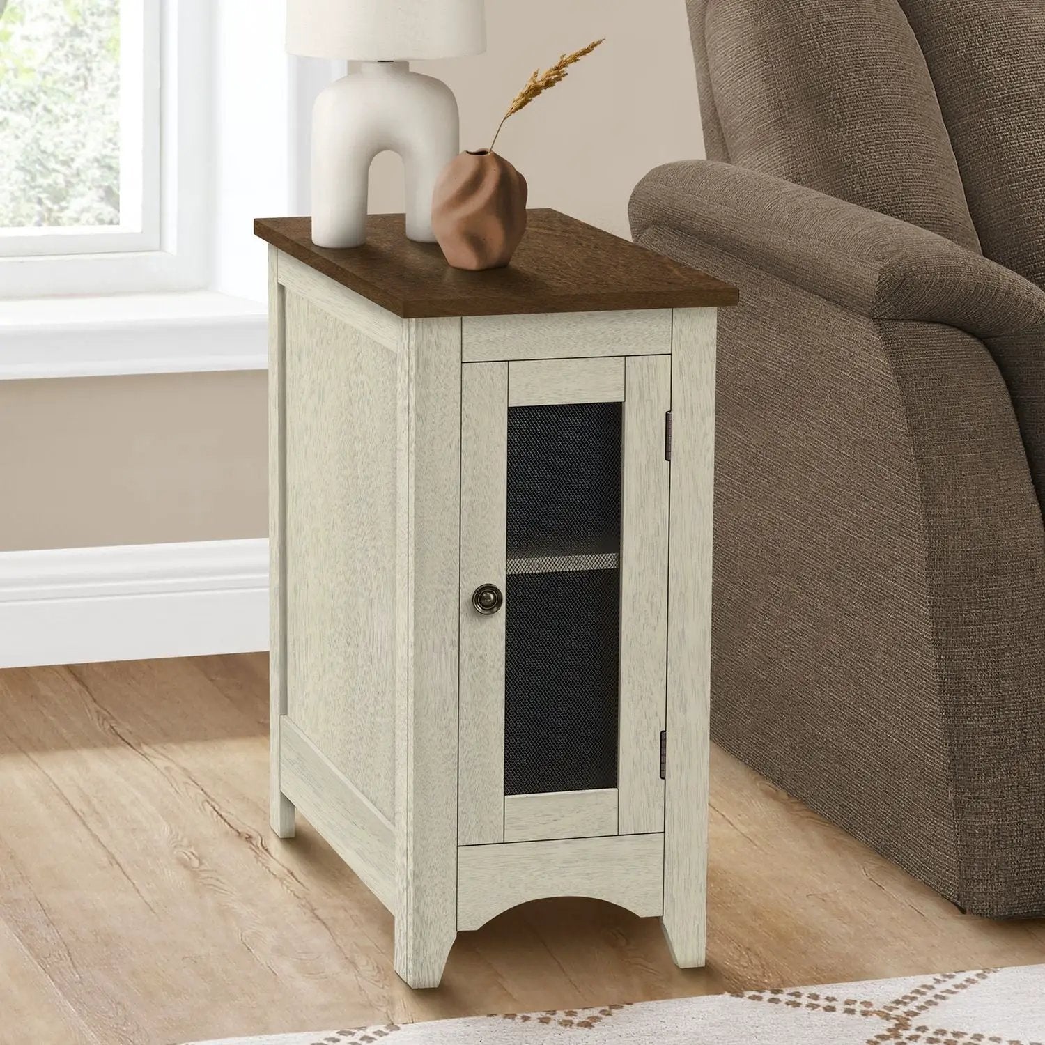 Accent end table in light gray wood with dark brown top; mesh-front cabinet and knob on Tampa Home & Garden Store