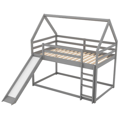 House Shape Bunk Bed with Slide and Ladder gray frame with wood slats on Tampa Home & Garden Store