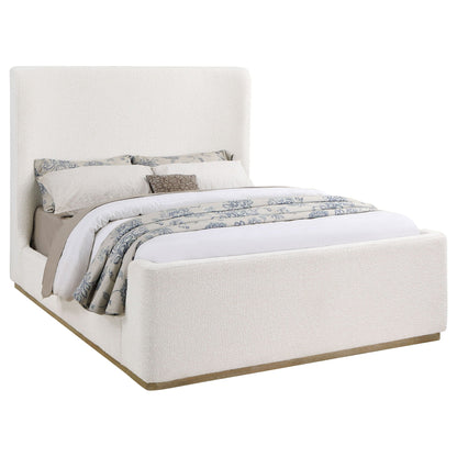 Vindra Queen Sleigh Bed in cream upholstery with tufted headboard and matching bedding on Tampa Home & Garden Store