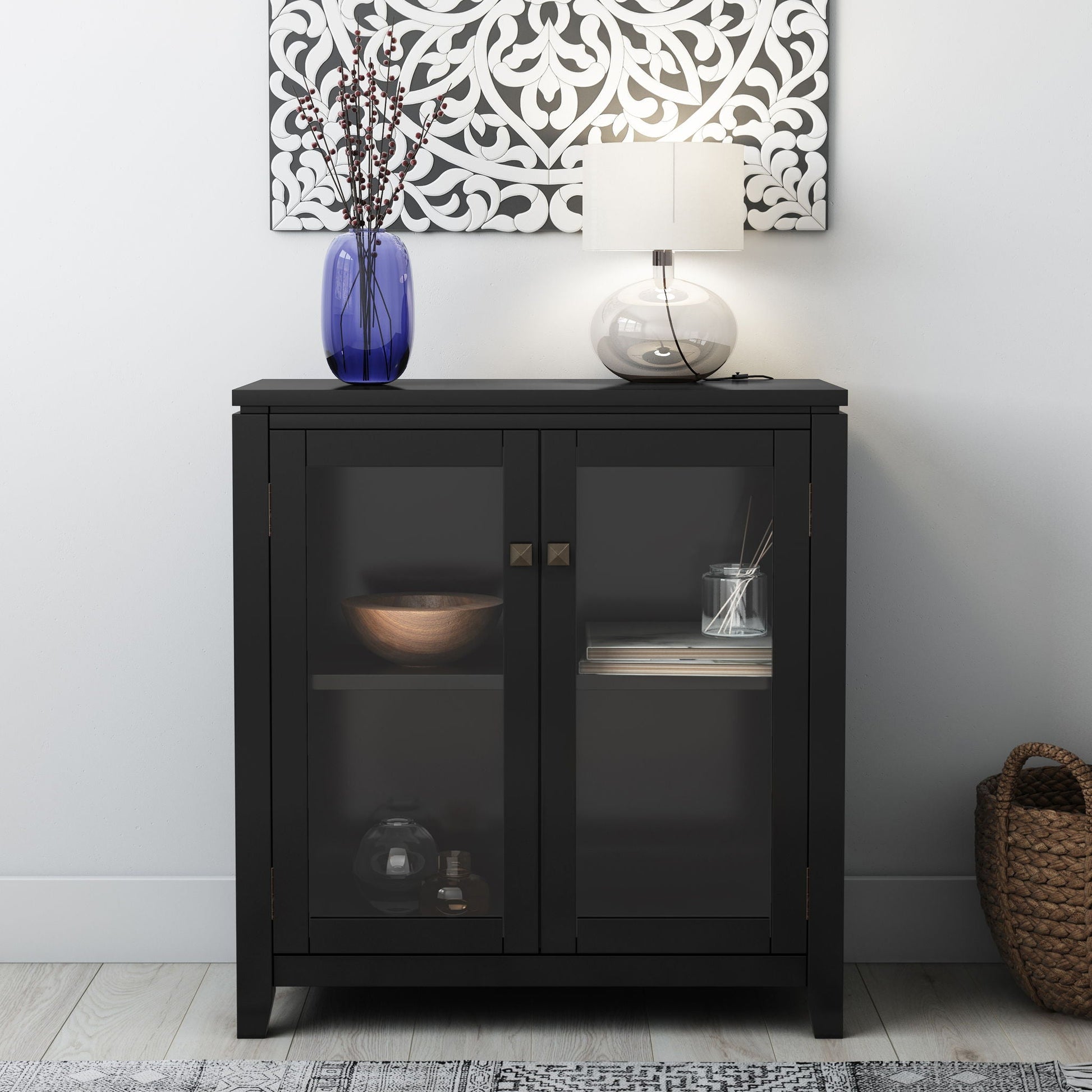 Cosmopolitan Handcrafted Storage Cabinet black finish glass-front doors accent cabinet on Tampa Home & Garden Store