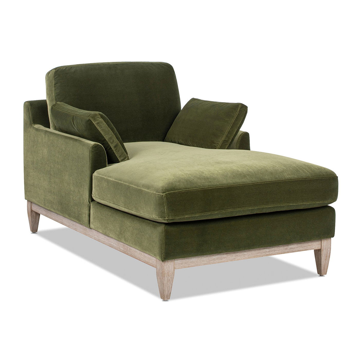 Olive green velvet modern farmhouse chaise lounge with natural rubberwood base and two cushions on Tampa Home & Garden Store