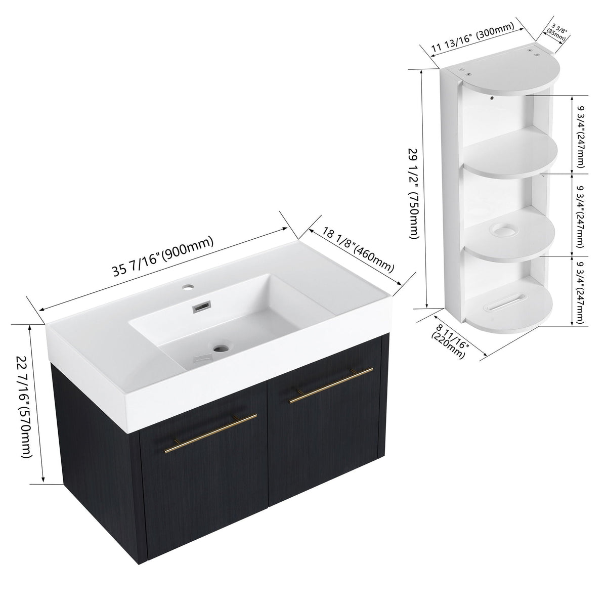 Modern wall-mounted vanity with resin sink, dark wood cabinet, gold hardware HouseOfZazla on Tampa Home & Garden Store