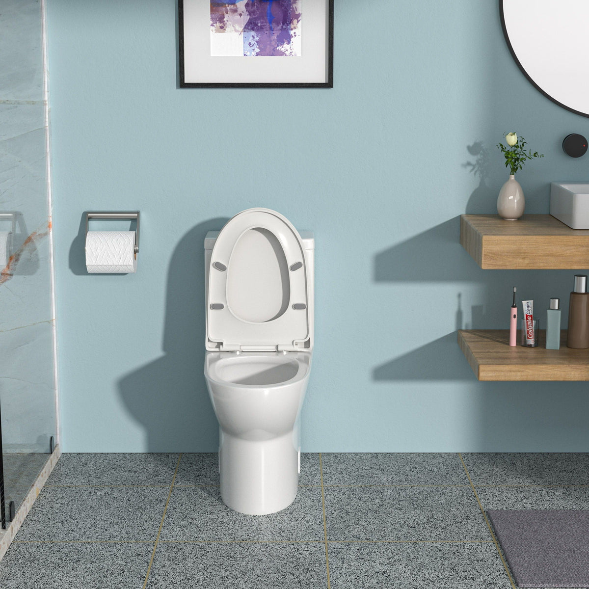Dual Flush 1 Piece Toilet with Soft Closing Seat white, in blue bathroom on Tampa Home & Garden Store