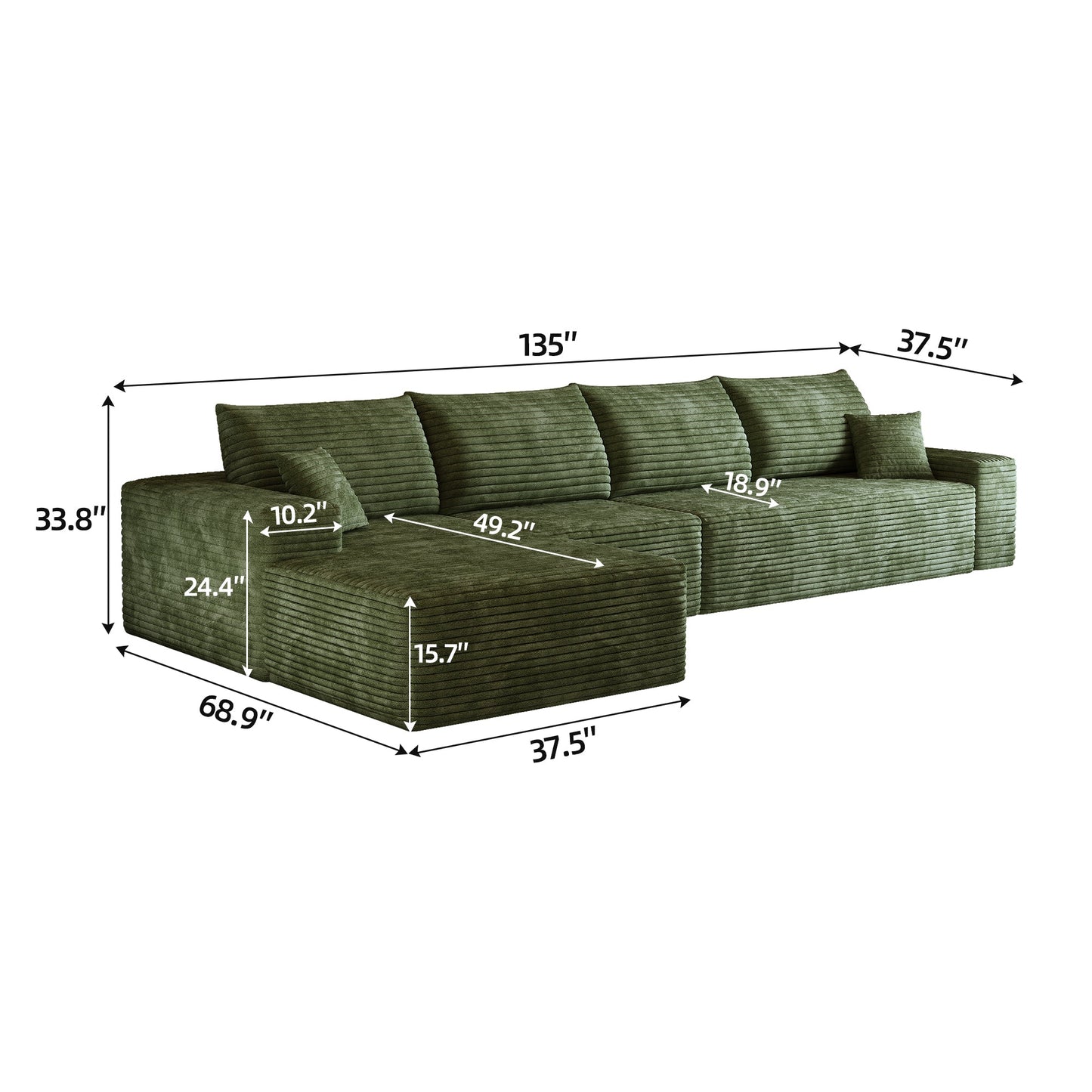 135-inch green ribbed fabric cloud sectional sofa with L-shaped chaise HouseOfZazla on Tampa Home & Garden Store
