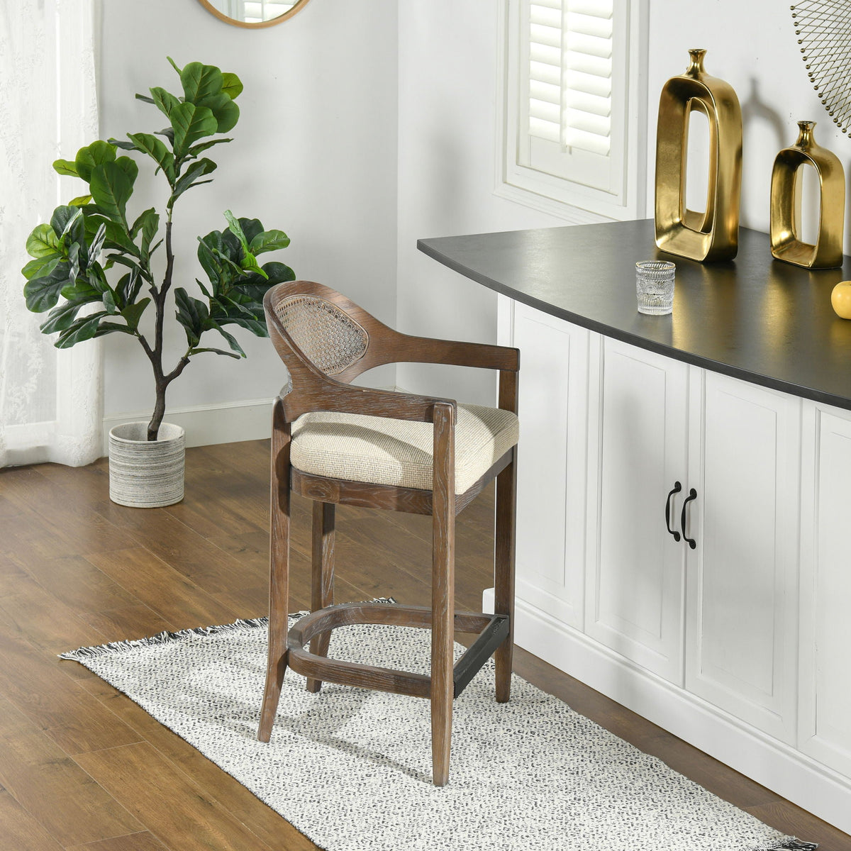 Mid-Century cane-back counter stool with dark wood frame and beige woven seat, HouseOfZazla on Tampa Home & Garden Store