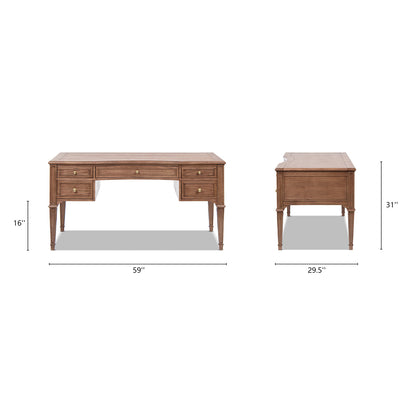 Dauphin Gold Accent 5-Drawer Wood Desk in brown ash veneer with brass knobs on Tampa Home & Garden Store