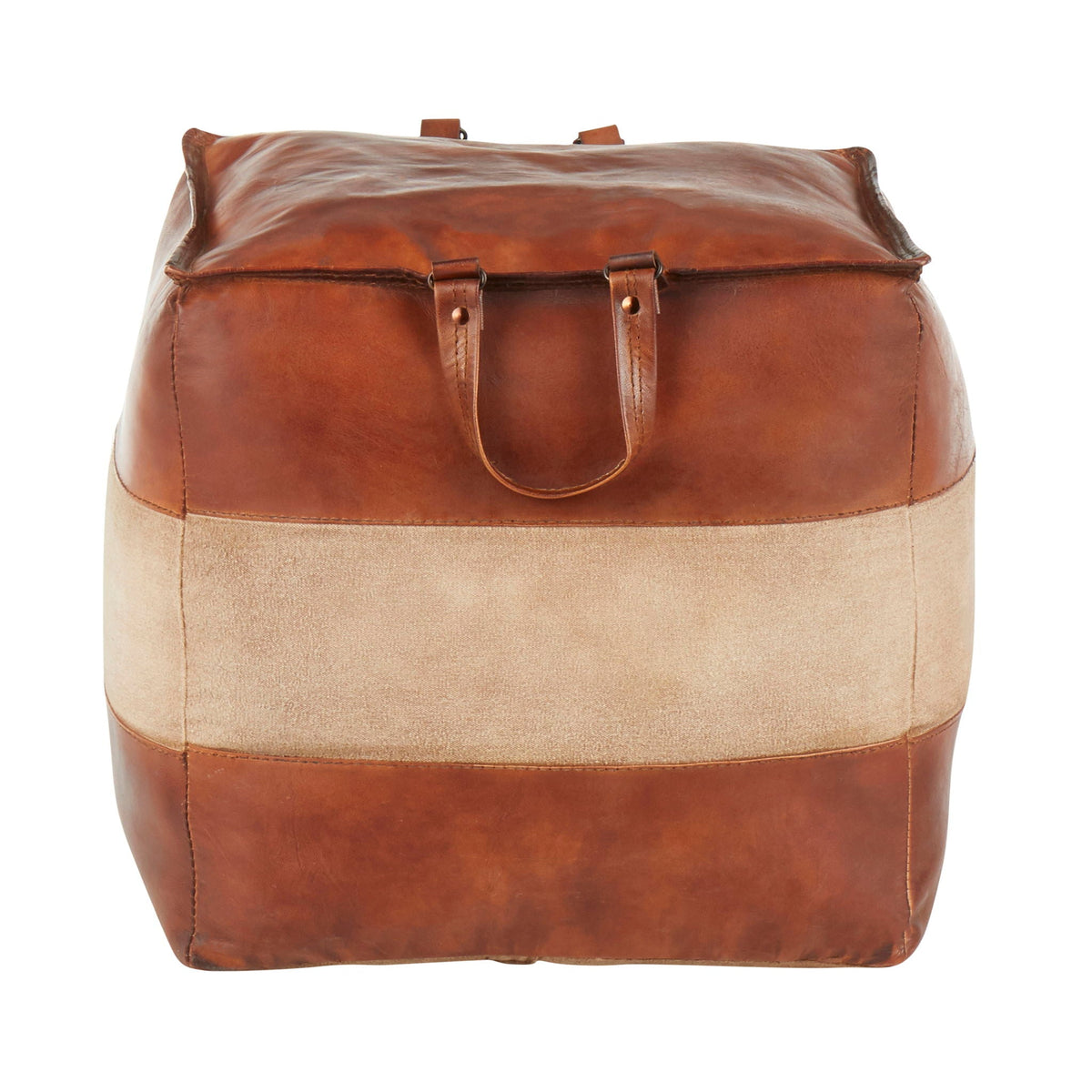 Industrial leather pouf ottoman with side handles, two-tone brown on Tampa Home & Garden Store