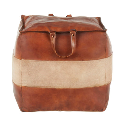 Industrial leather pouf ottoman with side handles, two-tone brown on Tampa Home & Garden Store