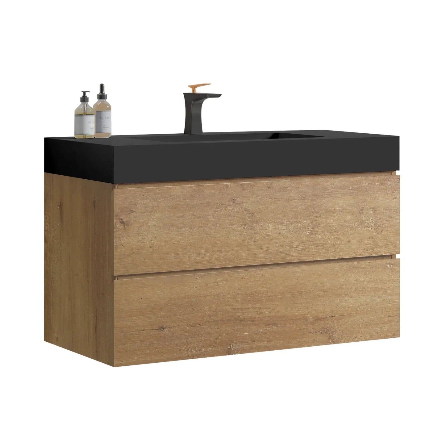 Alice natural oak bathroom vanity with sink, black top, wall-mounted floating unit, copper faucet on Tampa Home & Garden Store