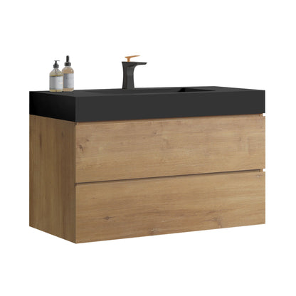 Natural Oak Vanity with Floating Quartz Sink light brown wood, black top, copper faucet on Tampa Home & Garden Store