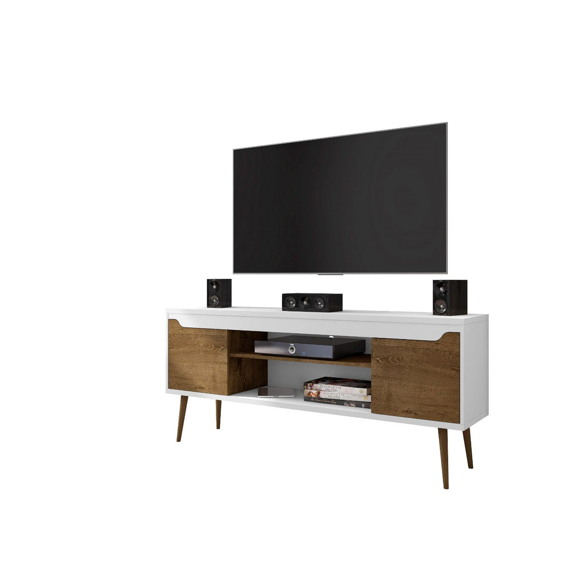 Mid-Century Modern TV Stand white body with natural wood panels and splayed legs, open storage on Tampa Home & Garden Store