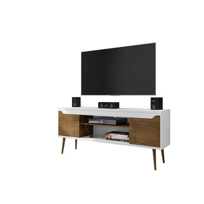 Mid-Century Modern TV Stand white body with natural wood panels and splayed legs, open storage on Tampa Home & Garden Store