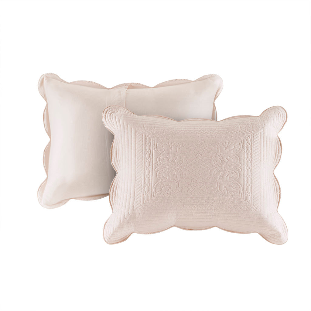 Pair of blush decorative pillows with scalloped edges and quilted center by HouseOfZazla on Tampa Home & Garden Store