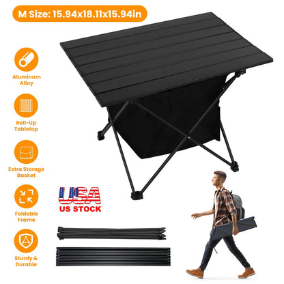 GemGear foldable camping table with aluminum alloy roll-up top and storage basket, black on Tampa Home & Garden Store