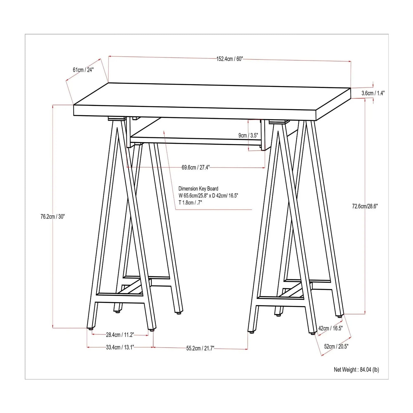 Sawhorse writing desk with solid top on two sawhorse legs blueprint-style dimensions visible on Tampa Home & Garden Store