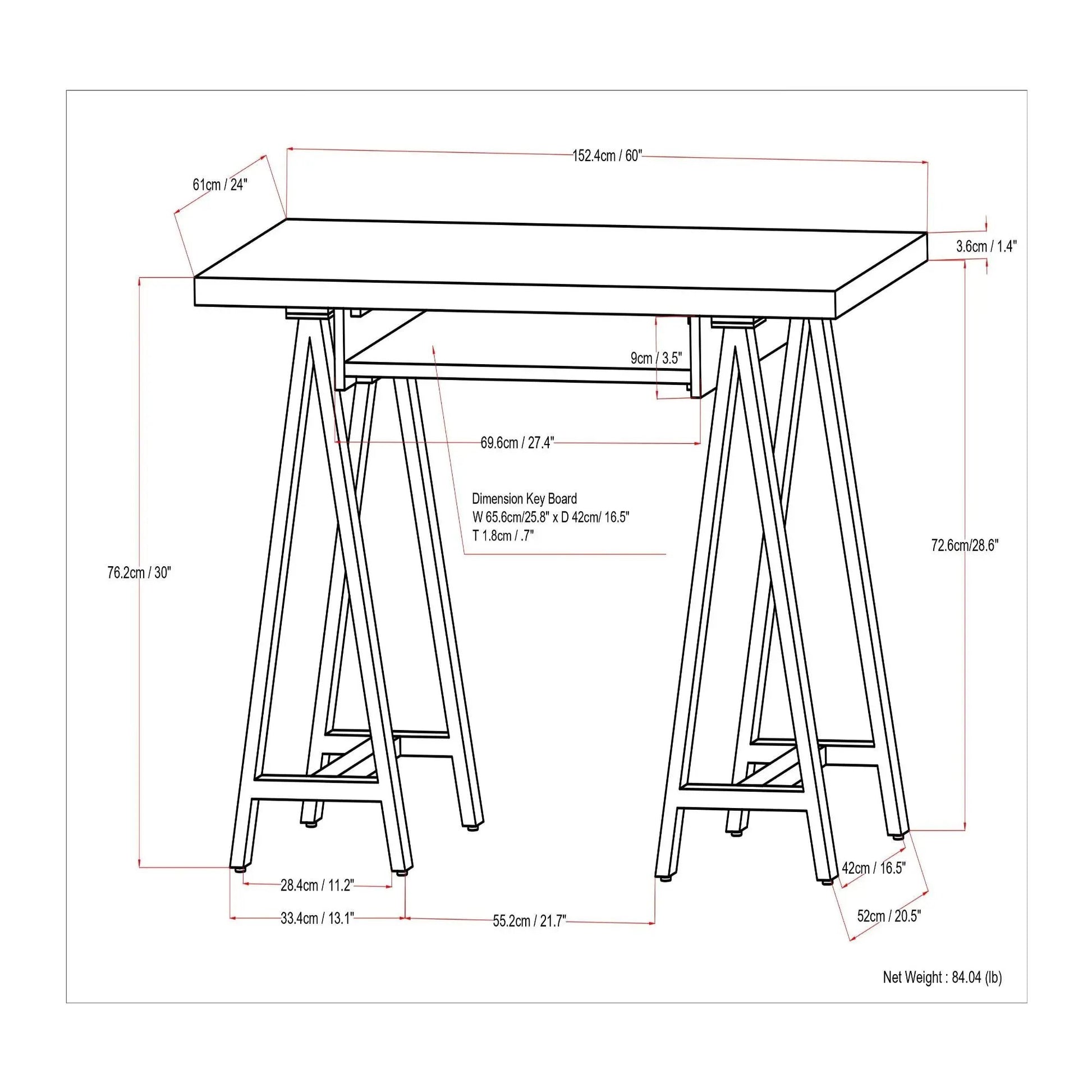 Sawhorse writing desk with solid top on two sawhorse legs blueprint-style dimensions visible on Tampa Home & Garden Store