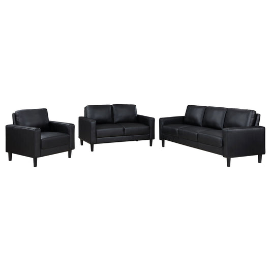 Weld 3 Piece Track Arm Sofa Set in black faux leather; includes sofa and 2 chairs on Tampa Home & Garden Store
