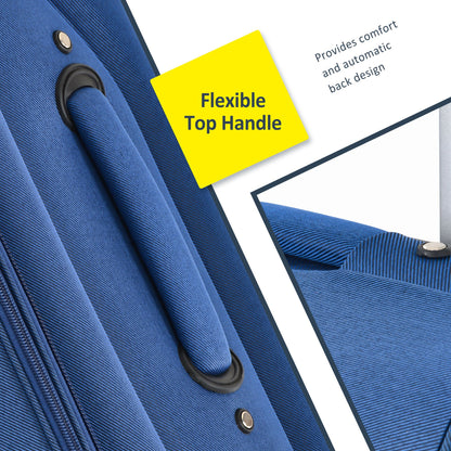 HouseOfZazla blue softside luggage close-up with a yellow note reading Flexible Top Handle on Tampa Home & Garden Store