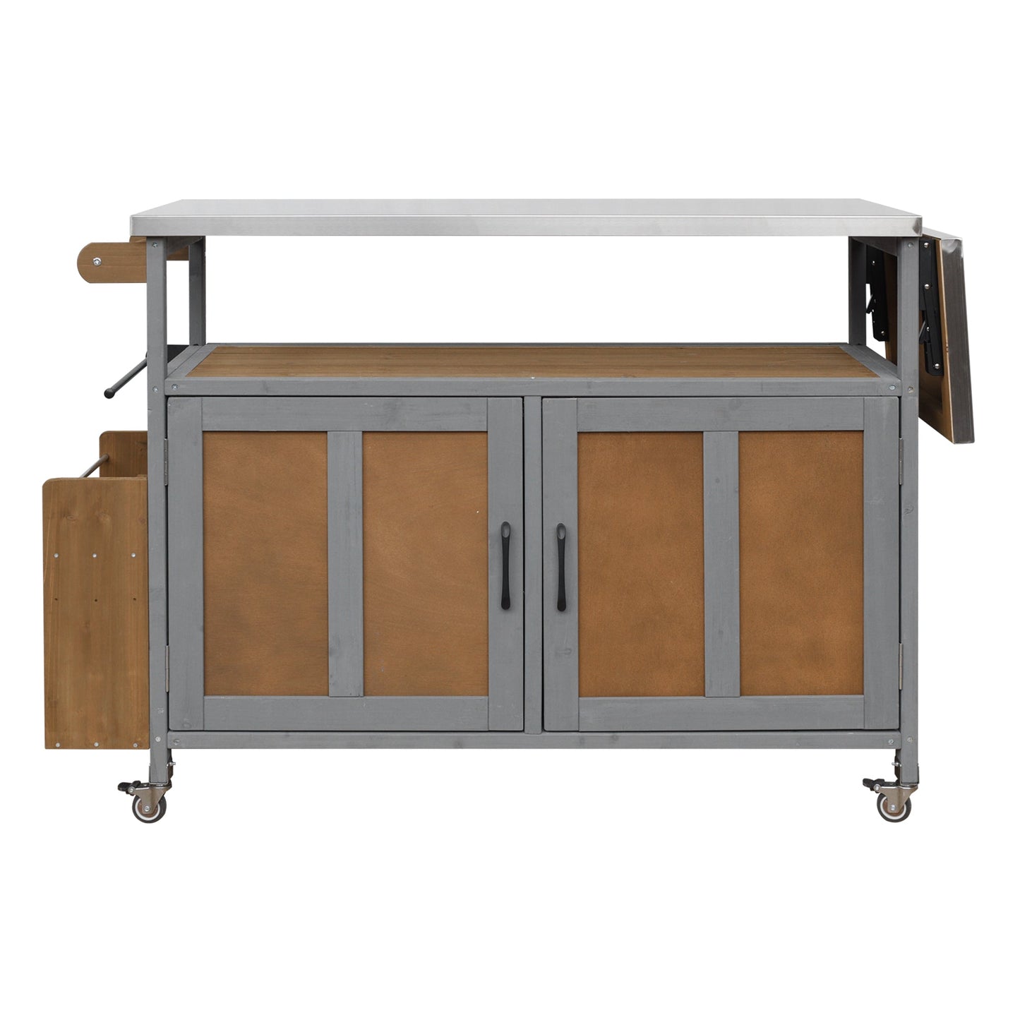 Foldable Outdoor Kitchen Island Cart grey metal frame wood panels wheels on Tampa Home & Garden Store